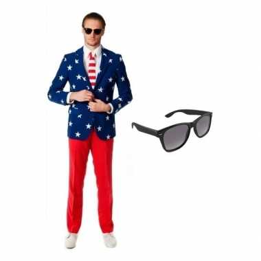 Heren kostuum met amerikaanse vlag print maat 52 (xl) met gratis kop