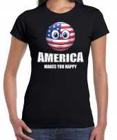 Amerikaanse america makes you happy landen t-shirt amerika zwart voor dames met emoticon kopen